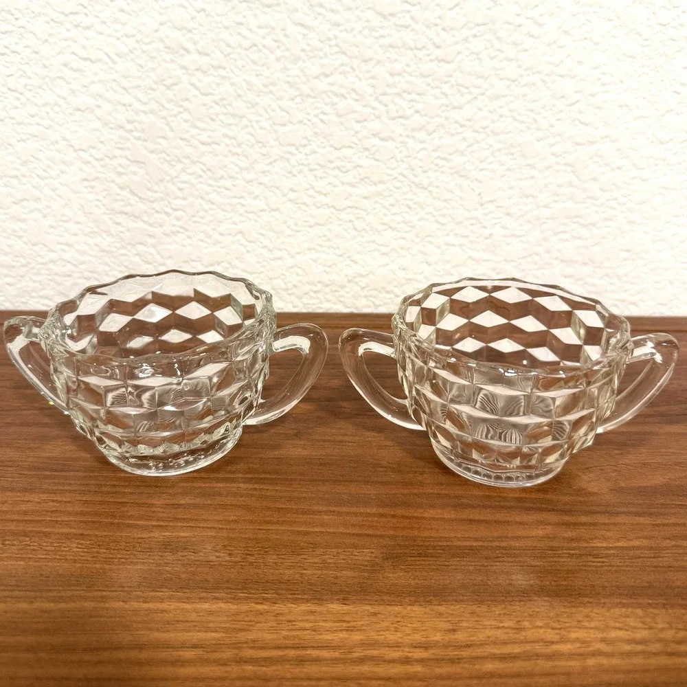 VTG Set of TWO Jeannette Depression Glass Clear Cubist Sugar Condiment 3.5